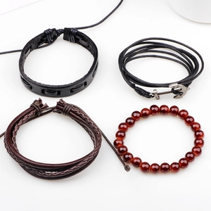 Men's leather bracelet set featuring nautical anchor charm and vintage woven beads