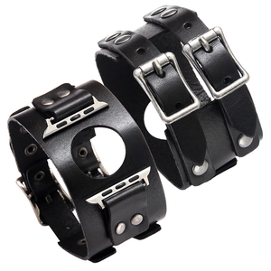 Vintage wide black leather cuff watch strap for Apple Watch with retro metal buckles
