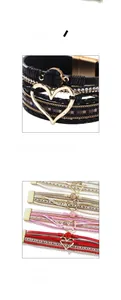 Detail showing multi-layer PU leather bracelet with crystal heart charm and magnetic clasp