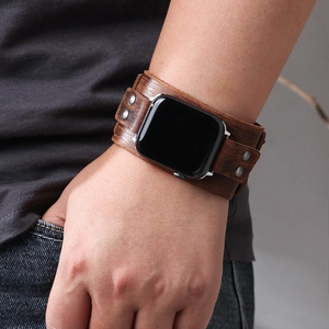 Retro dark brown genuine leather cuff strap with metal rivets for Apple Watch