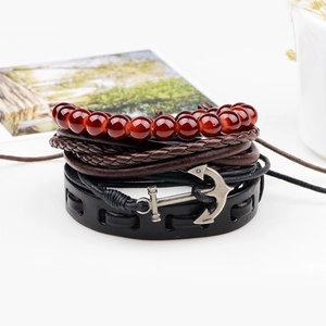 Men's vintage nautical leather bracelet set with anchor charm and brown beaded layers