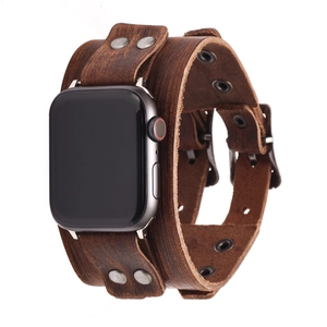 Retro brown leather wide band for Apple Watch with vintage metal rivets and dual layers