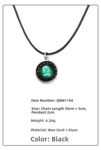 Detailed view of Libra zodiac necklace with dimensions and luminous glass pendant