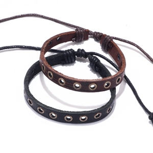 Retro punk woven leather bracelet set in brown and black with vintage metal eyelets