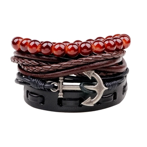 Men's nautical multilayer leather bracelet set with beads and vintage silver anchor charm