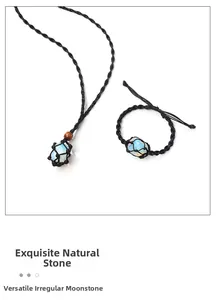 Details von Mondstein Anhänger und Armband Set mit schwarzem Netz und Holzperle