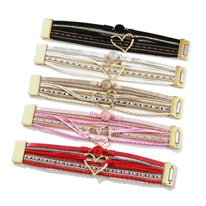 Multilayer bohemian faux leather heart bracelet with rhinestones and magnetic clasp