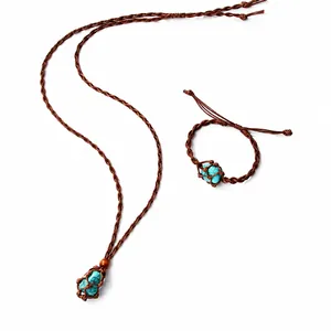 Detail of handmade woven cord bracelet and necklace set with turquoise raw stones