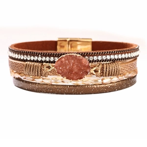 Bohemian Multi-Layer Wrap Bracelet For Women Alloy PU Leather Rhinestone Magnetic Clasp Artificial Stone Cuff Bangle Jewelry