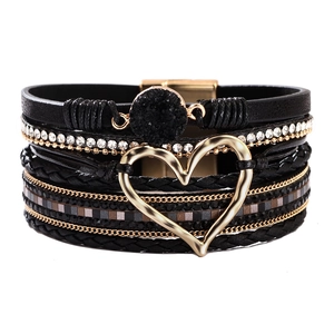 Bohemian multi-layer PU leather wrap bracelet with heart charm and magnetic clasp