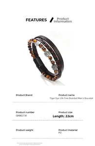 Detailed view of tiger's eye beads and tree of life metal charm on braided leather bracelet