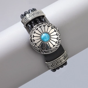 Geflochtenes Herren-Lederarmband im Vintage-Stil mit Türkis und griechischem Muster