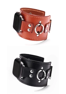 Detail of vintage punk leather watch bands with metal rings and stitching for iWatch