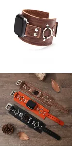 Detail view of retro genuine leather apple watch bands with metal studs and rings