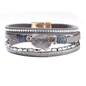 Bohemian multi-layer leather bracelet with sparkling crystals and magnetic clasp