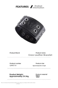 Macro detail of black leather cross bracelet showing length 24cm and snap buttons