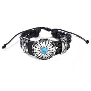 Bracciale retrò in pelle intrecciata con ciondolo sole in turchese e cordino regolabile