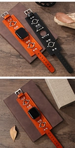 Detail of genuine leather watch bands with metal rings and studs for Apple Watch