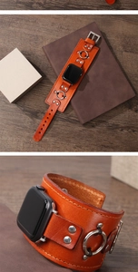 Macro detail of vintage brown leather cuff strap with metal rivets for smartwatches