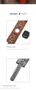 Close-up of premium genuine leather watch strap featuring punk-style rivets and metal rings
