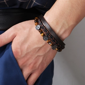 Men's retro tiger eye stone bracelet set with braided leather and tree of life charms