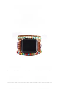 Detail of 50cm bohemian multi-layer watch strap with turquoise beads and braided cord