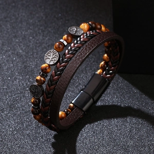 Tiger eye stone layered leather bracelet with tree of life charms and magnetic clasp