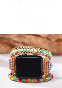 Detail of bohemian multilayer beaded strap for Apple Watch with natural blue stones