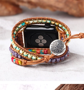 Detail view of Bohemian apple watch band with natural turquoise beads and leather cord