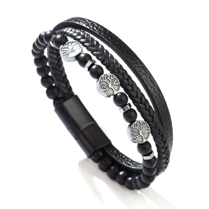Men's multi-layer leather bracelet with Tiger Eye beads, Tree of Life charms, and magnetic clasp