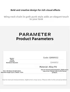 Detailed size specifications for the pink gothic PU leather wing choker and bracelet set