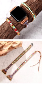 Detail view of bohemian braided band for Apple Watch with turquoise and natural stones