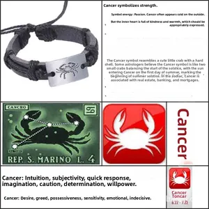 Dettaglio del bracciale in pelle intrecciata segno Cancro con ciondolo in argento