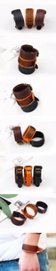 Detail of braided leather wristbands with metallic buckle in black, orange and brown