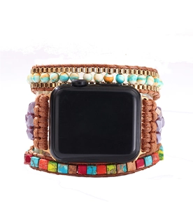 Detailed macro of Bohemian Apple Watch strap with natural turquoise beads and woven cord