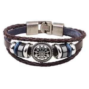 Men's multi-layer braided leather bracelet with geometric star metal charm and secure clasp