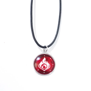 Luminous Pyro element game necklace with round silver pendant and black cord lanyard