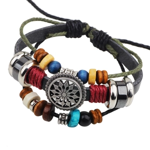 Multilayer bohemian leather bracelet with colorful beads and vintage sun flower metal charm