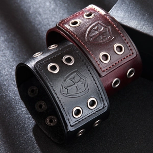 Vintage leather cross bracelet set with shield totem and metal eyelets in black and wine red