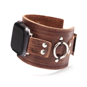 Dark brown genuine leather vintage cuff band with rivets for Apple Watch straps