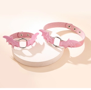 Pink gothic bat wings choker with metal rings and adjustable buckle detail