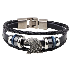 Men's multilayer black leather bracelet with silver eagle charm and vintage buckle