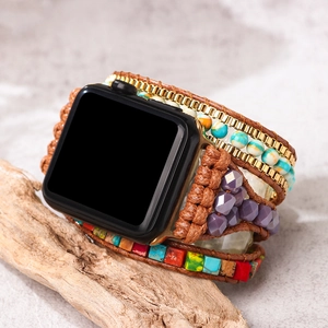 Bohemian Natural Blue Turquoise Braided Watch Band Compatible With Apple Watch Vintage Handmade Beads Tree Of Life Strap