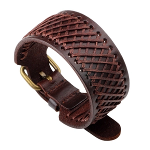 Retro wide dark brown leather woven bracelet with bronze buckle in rock punk style