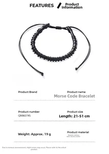 Detailed chart for leather Morse code bracelet showing stainless steel parts and adjustable size