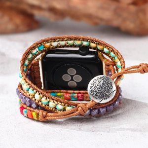 Bohemian multilayer beaded strap for Apple Watch with turquoise stones and tree of life charm