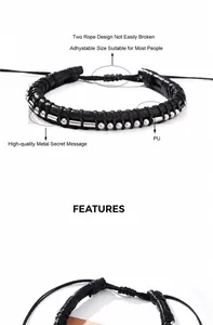 Detail of adjustable black woven leather bracelet with stainless steel beads and sliding knot