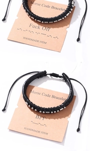 Detail of Morse code braided leather bracelets for BFF with handmade kraft card
