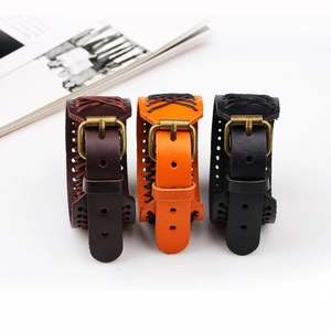 Men's retro leather wide bracelets in brown, orange and black with metal buckle and stitching