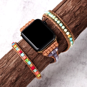 Bohemian multilayer beaded strap for Apple Watch with blue turquoise and leather cord